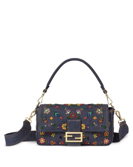 Fendi Blue Medium Baguette Floral-Motif Shoulder Bag