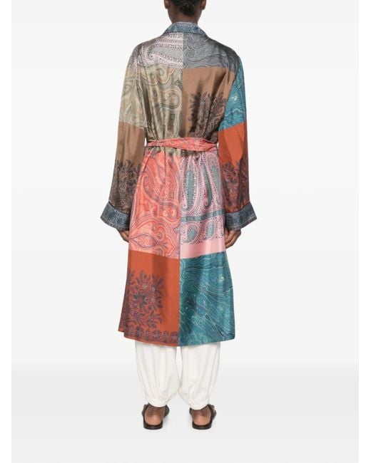 Pierre Louis Mascia White Paisley-Print Patchwork Belted Silk Coat