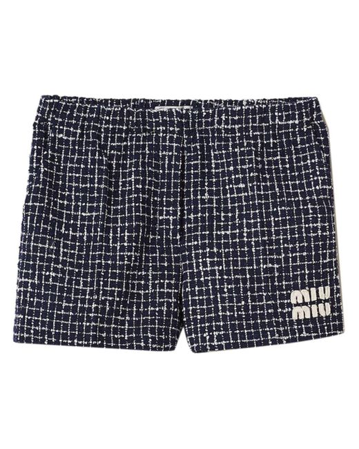 Miu Miu Blue Checked Tweed Mini Shorts