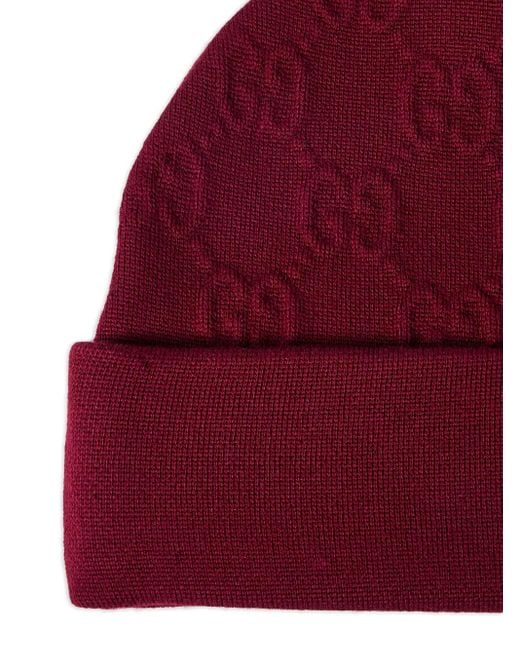 Gucci Red Gg-Pattern Beanie Hat for men