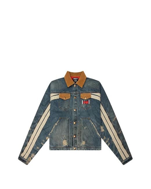 RIVINGTON roi Rebis Green Distressed Corduroy-Trim Denim Jacket for men