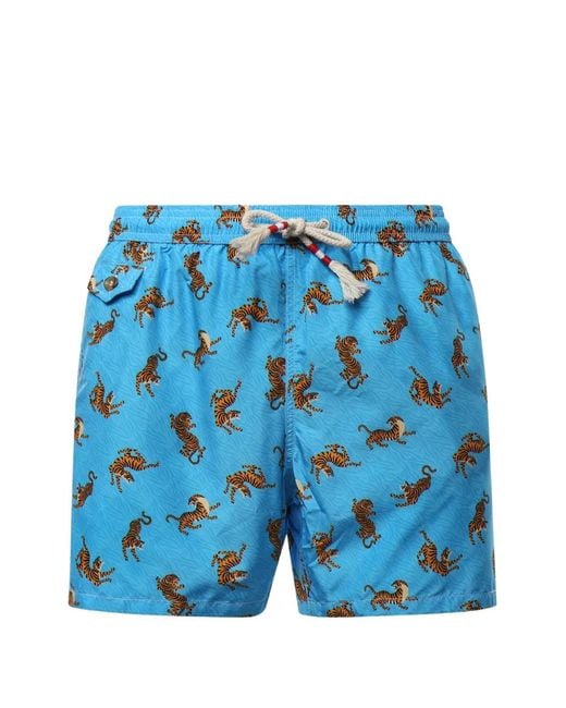 Mc2 Saint Barth Blue Lighting Tiger-Print Drawstring Swim Shorts for men