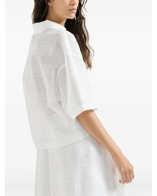 Brunello Cucinelli White Cotton Organza Broderie Anglaise Cropped Polo