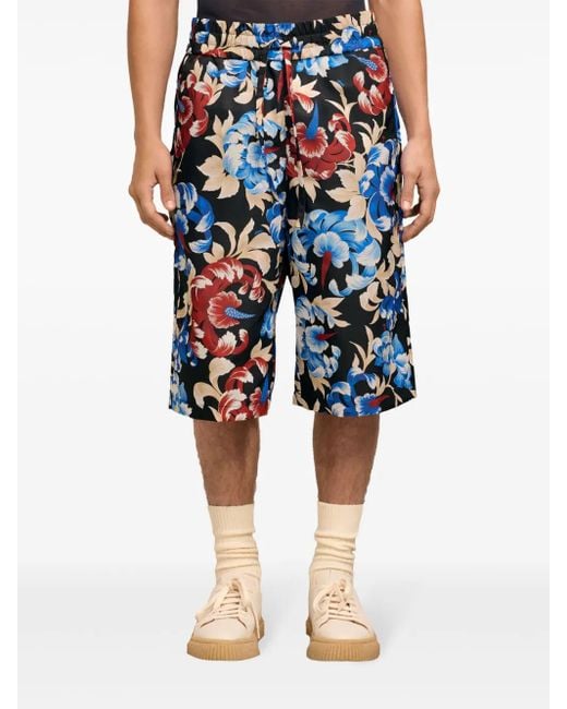 AMI Blue Floral-Print Elasticated-Waist Shorts for men