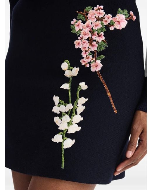 Oscar de la Renta Blue Botanical-Embroidered A-Line Mini Dress