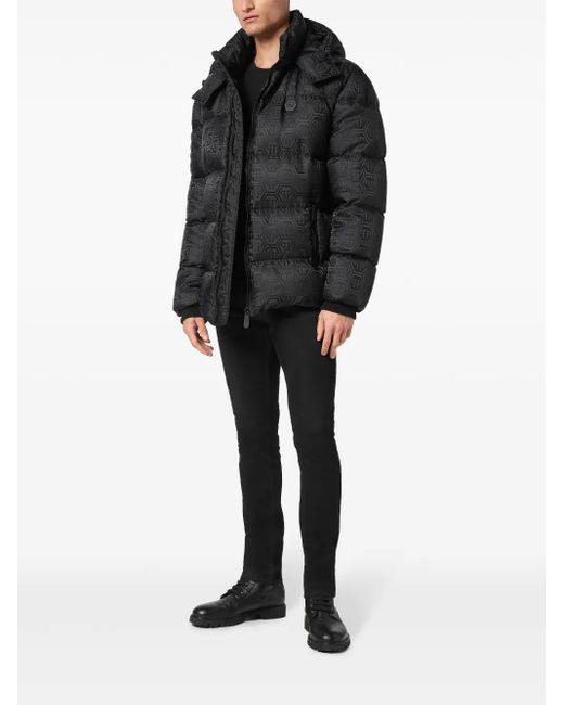 Philipp Plein Black Monogram-Jacquard Padded Jacket for men
