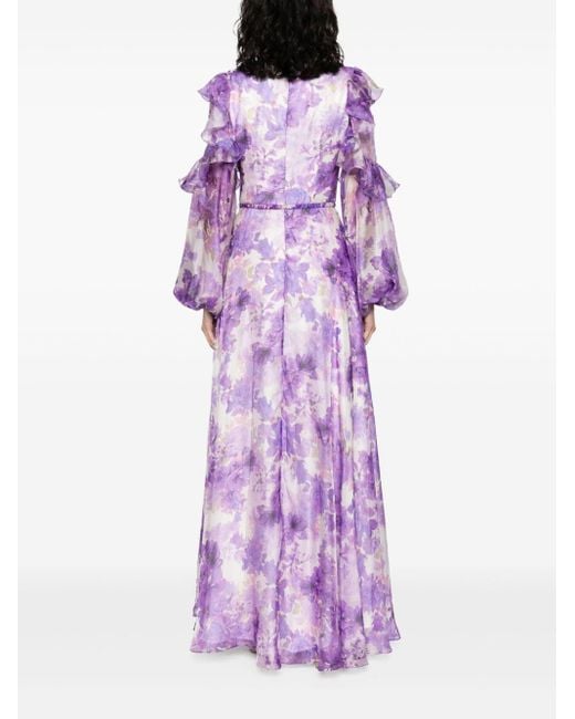 Nissa Purple Floral Ruffled Maxi Dress