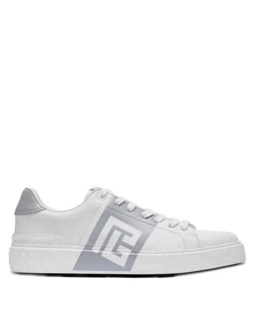 Balmain White B-Court Logo-Detail Calfskin Sneakers for men