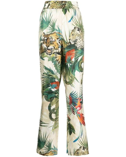 Roberto Cavalli Green Jungle Print straight-legged Silk Trousers