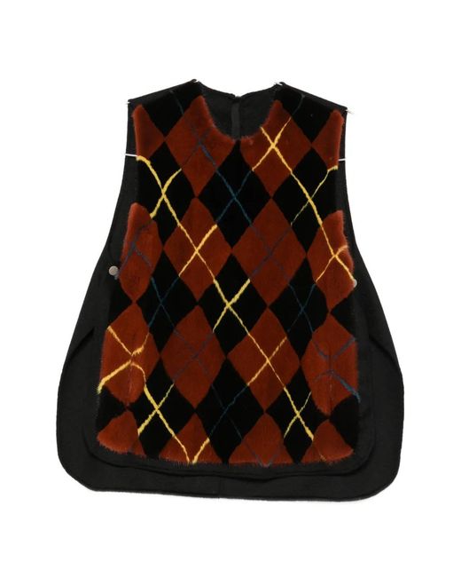 Liska Red Argyle-Pattern Fur-Panel Gilet