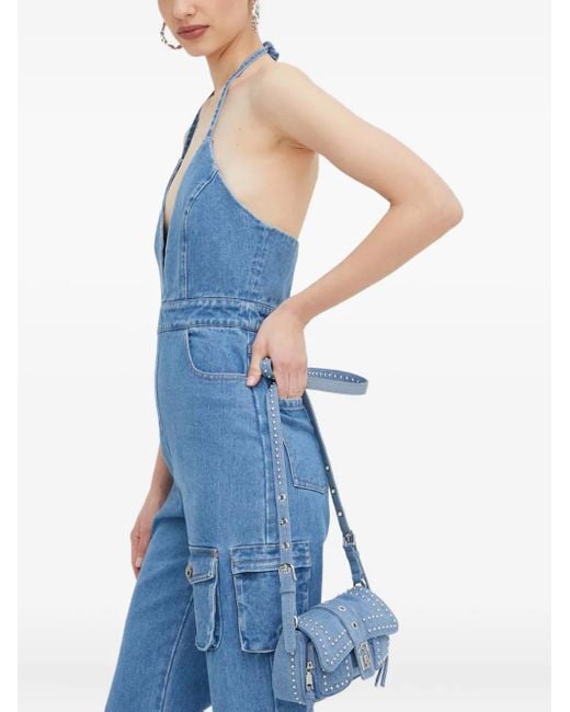 Mono largo cargo con cuello halter Bardot de color Blue