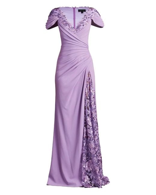 Tadashi Shoji Purple Sunas Flower-Embellished Draped Gown