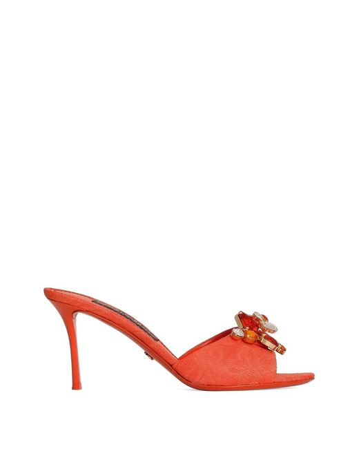 Dolce & Gabbana Red Brocade Mules With Embroidery