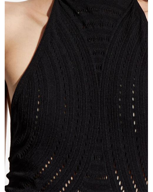 M I S B H V Black Fitted Perforated Long Dress With Slit