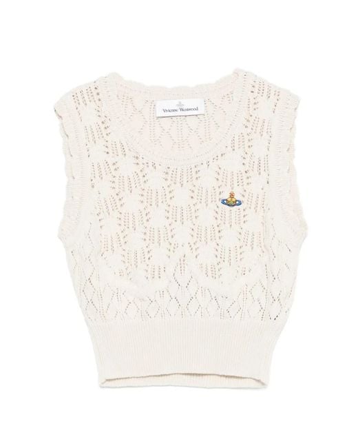 Vivienne Westwood White Cream Openwork Knit Logo Sleeveless Top