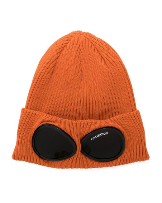 C P Company Orange Goggles-Detail Ribbed Beanie ( Flame) for men