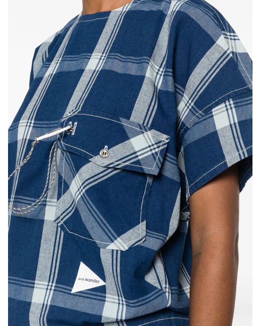 And Wander Blue Blouse À Carreaux Et Fermeture Boutonnée Au Dos