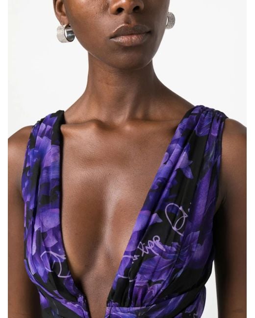 Philipp Plein Blue Chiffon-Kleid Mit Blumen-Print