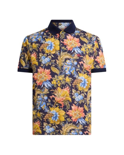 Etro Blue Cotton-Pique Polo Shirt With Plain-Colour Details And Floral-Motif for men