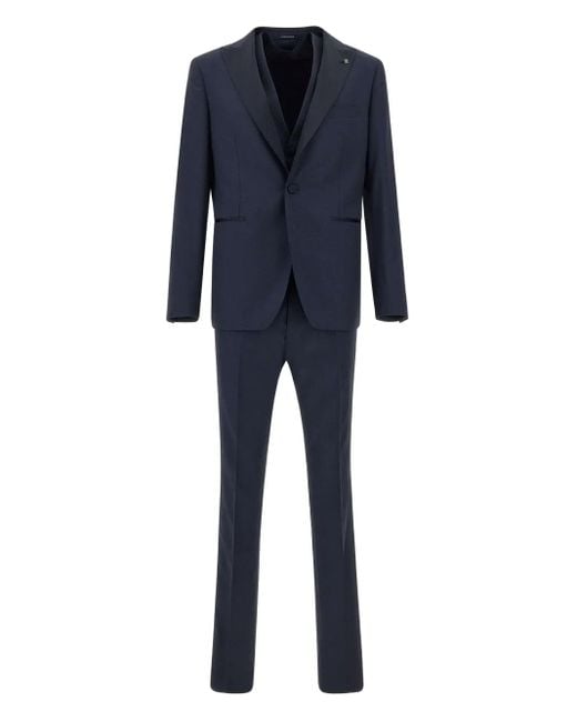 Tagliatore Blue Brooch-Detail Three-Piece Suit for men