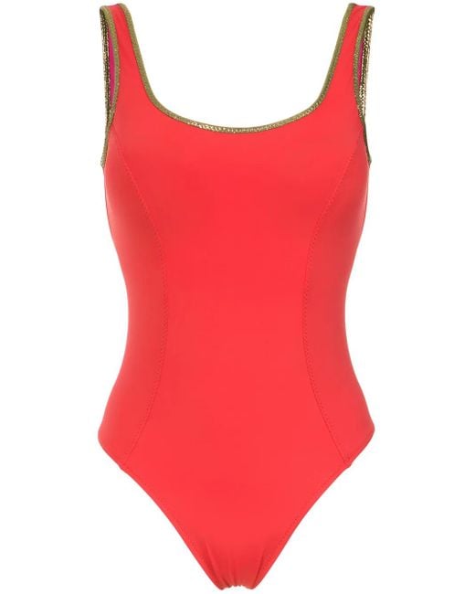Amir Slama Red Badeanzug Mit Goldfarbenen Borten