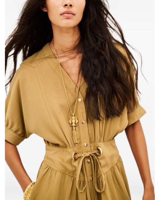 Ba&sh Natural Parisa Drawstring-Waist Flared Midi Dress