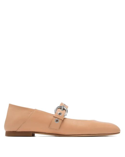 Stuart Weitzman Natural Buckle-Strap Eyelet Ballet Flats