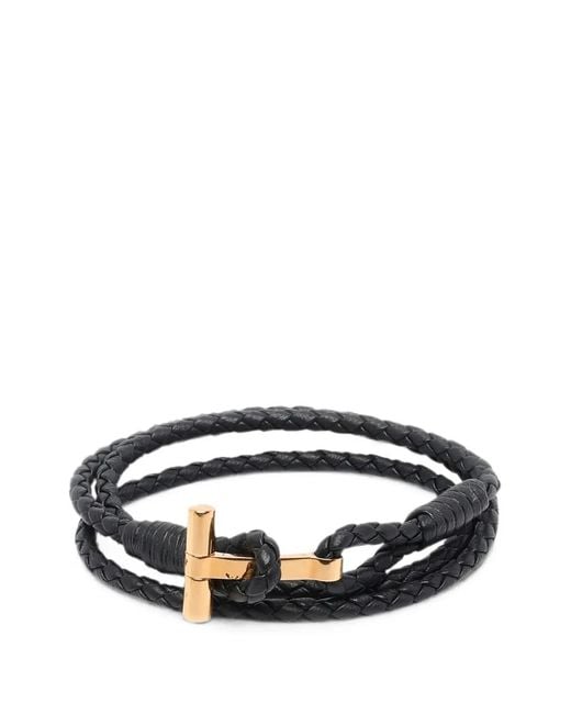 Tom Ford Black Braided Leather T Bracelet for men