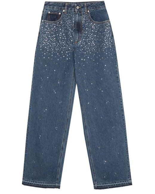 Alessandra Rich Blue Wide Leg Jeans With Rhinestones