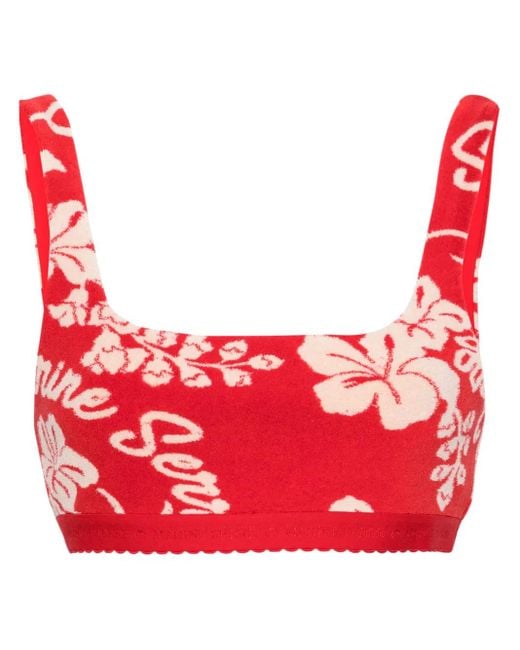 MARINE SERRE Red Floral-Jacquard Towel Bralette