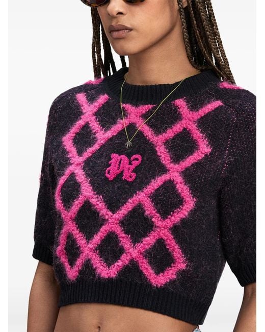 Palm Angels Pink Monogram Argyle-Pattern Crop Top