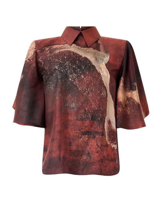 Roberto Cavalli Red Marble-Print Silk Blouse