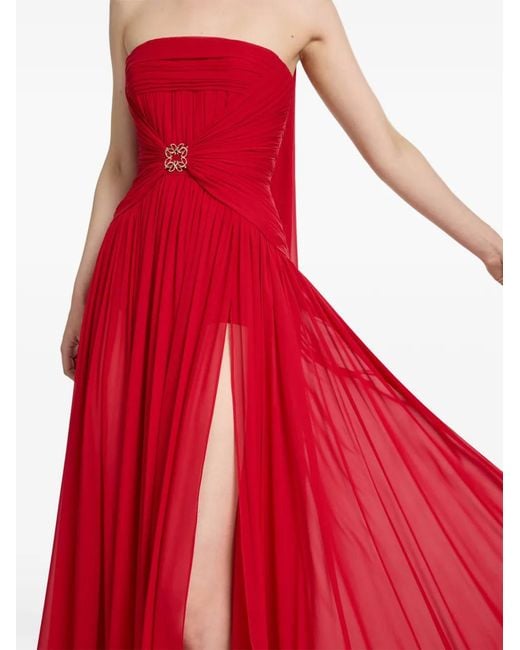 Elie Saab Red Ruched Silk Maxi Dress