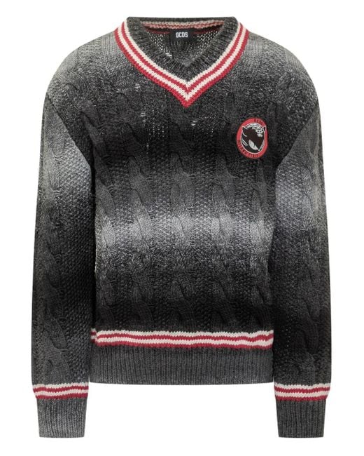 Gcds Gray Kittho Cable-Knit V-Neck Sweater for men