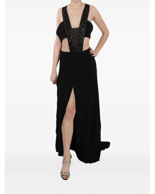 John Richmond Black Crystal-Embellished Cut-Out Maxi Dress