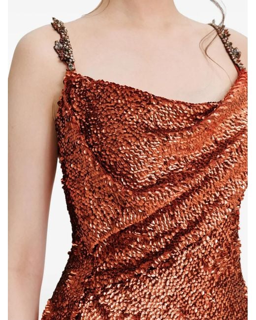 Gemy Maalouf Brown Sequin-Embellished Beaded-Strap Dress