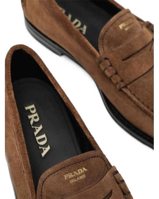Prada Brown Vintage-Effect Suede Loafers for men