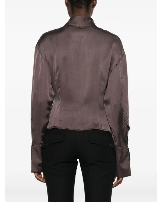 ANDAMANE Brown Lidia Satin-Finish Long-Sleeve Blouse