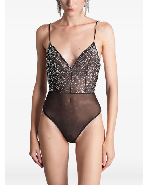 Alex Perry Black Embellished V-Neck Bodysuit