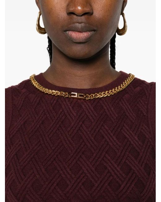 Elisabetta Franchi Red Burgundy Knit Top With Diamond Pattern And Jewel Detail
