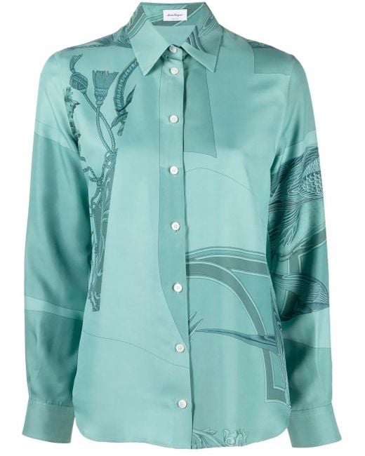Ferragamo Green Graphic-Print Silk Shirt