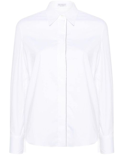 Brunello Cucinelli White Popeline-Hemd mit Perlendetail