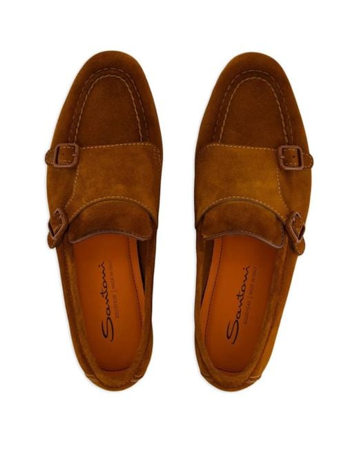 Santoni Suède Loafers Met Dubbele Gesp in het Brown voor heren
