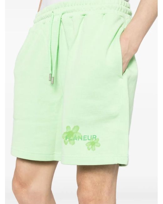 flâneur Green Floral Watercolor Cotton Shorts for men