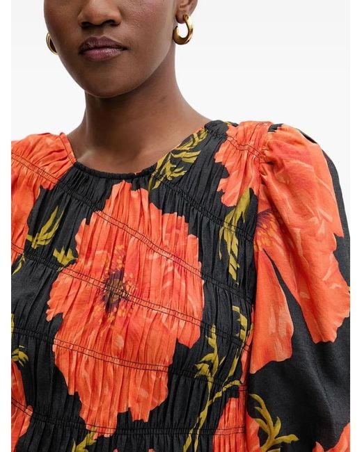 Never Fully Dressed Orange Shirred Floral Midi Dress