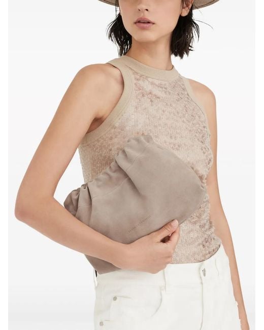 Brunello Cucinelli Natural Drawstring Suede Shoulder Bag