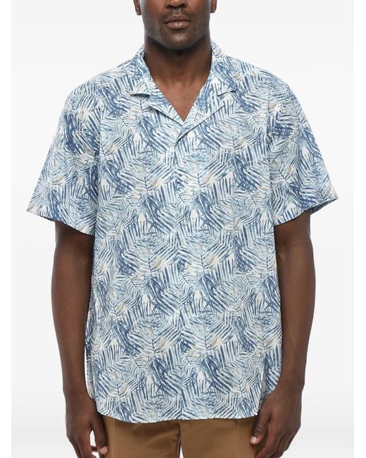 Corneliani Blue Botanical-Print Cuban-Collar Shirt for men