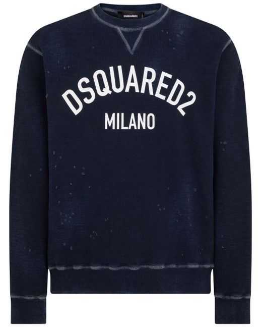 DSquared² Blue Black Logo-print Distressed Sweatshirt for men