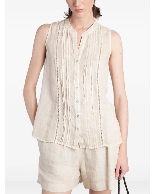 120% Lino White Blouse Sans Manches À Détails Plissés