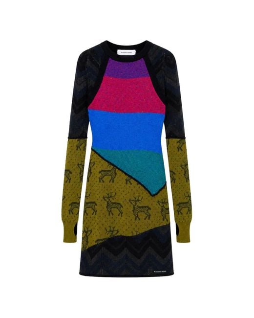 MARINE SERRE Blue Patchwork Intarsia-Knit Mini Dress